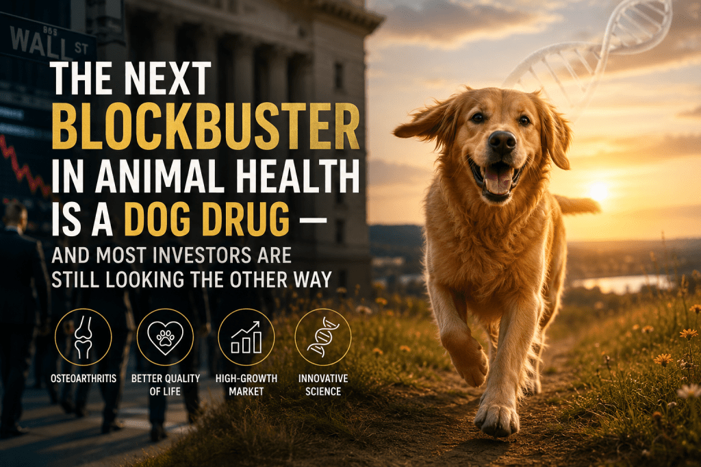 A happy golden retriever walking outdoors with a sunset in the background, accompanied by text discussing a new drug in animal health for dogs.